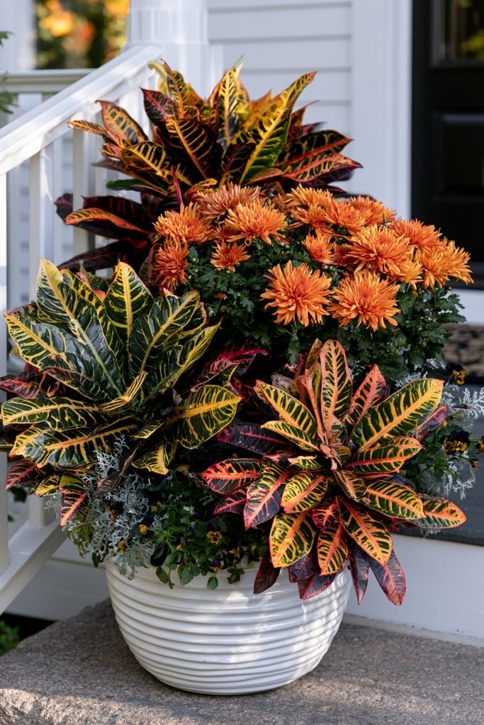 Bright orange mums and colorful croton foliage creating a bold tropical-inspired fall container garden