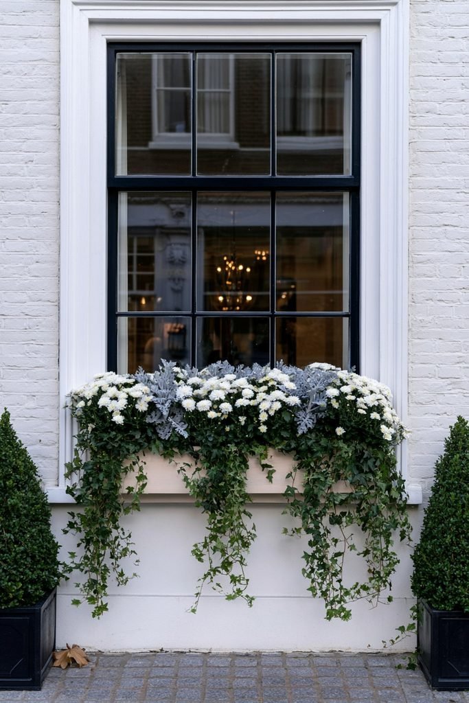 White mums, silvery lamb's ear, and trailing ivy in a quiet-palette window box