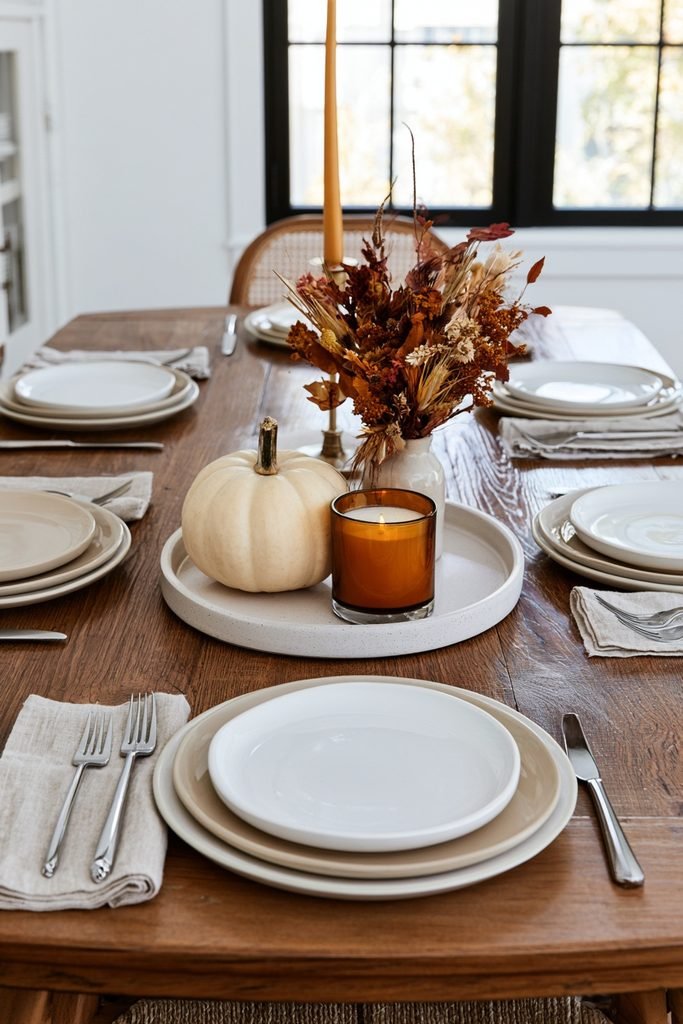 Fall tray decor with a vintage brass lantern, ceramic acorn sculpture, and dried wheat bundle arranged in a group of three.