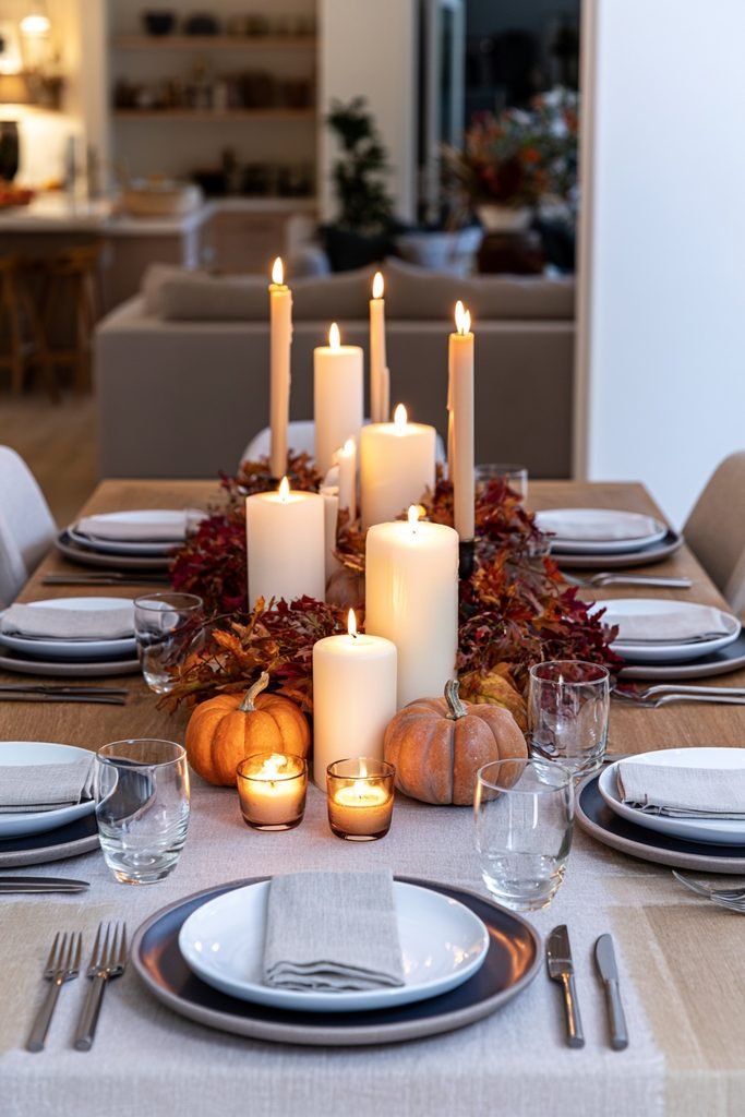 Fall tablescape with pillar candles, taper candles and glowing votives arranged at different heights around seasonal gourds.