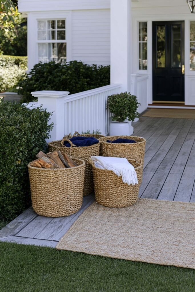 Farmhouse fall porch with wire baskets holding kindling, a blanket, and a potted plant