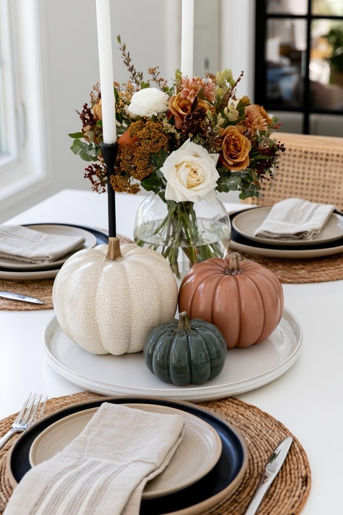 Minimalist fall tray featuring three ceramic pumpkins in cream, terracotta, and dark green arranged on a dining table.