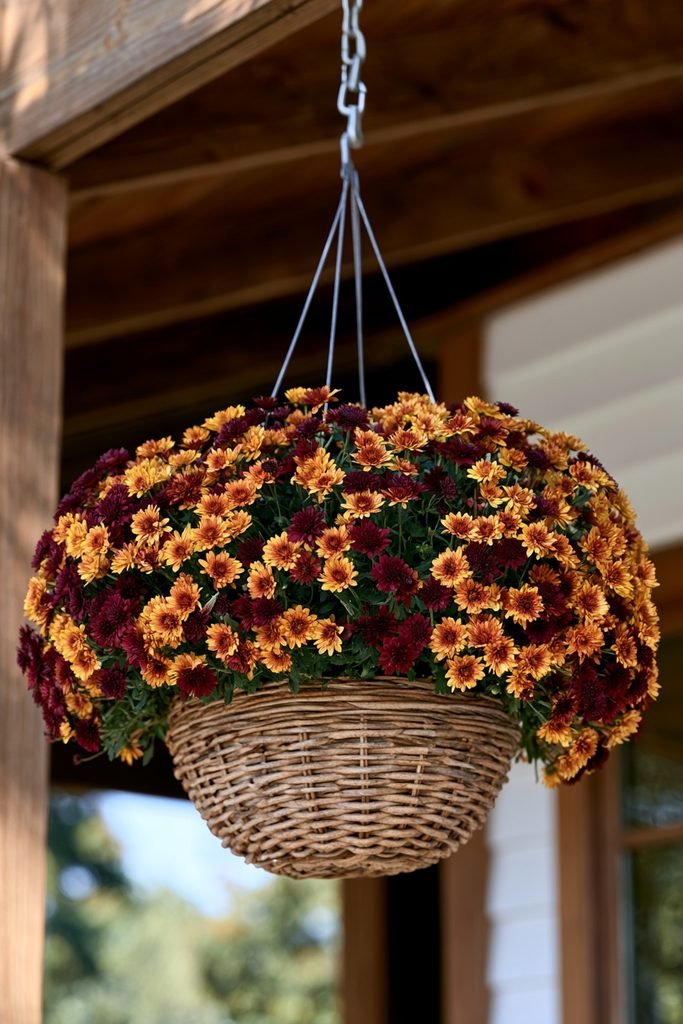 Hanging basket filled with blooming chrysanthemums adding colorful fall decor to a covered porch