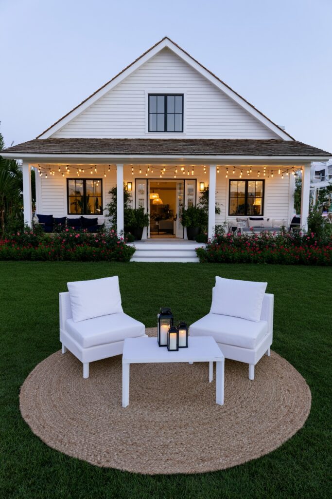 Farmhouse fall porch at dusk with string lights and lanterns glowing along the beams