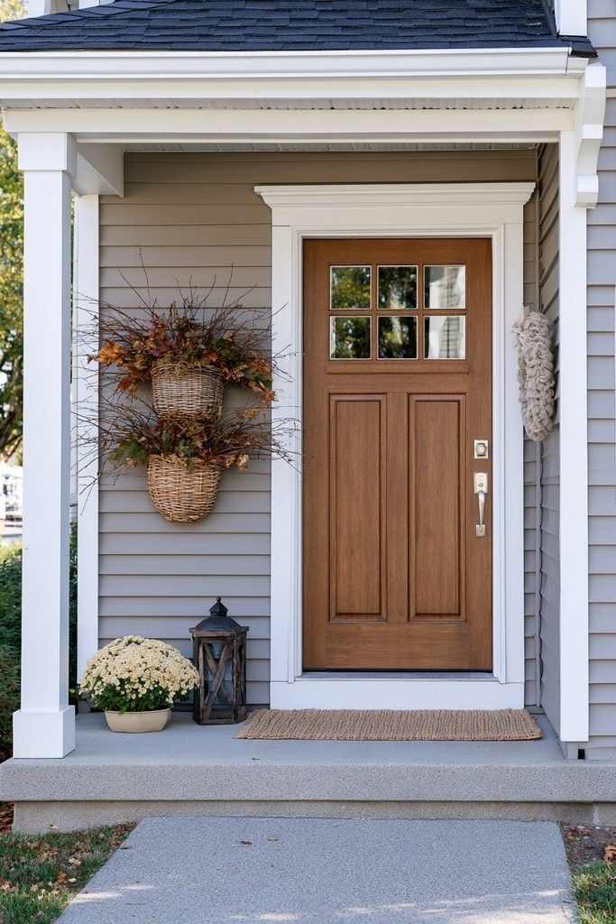 Woven wall baskets filled with dried fall branches decorating a narrow cozy front porch.