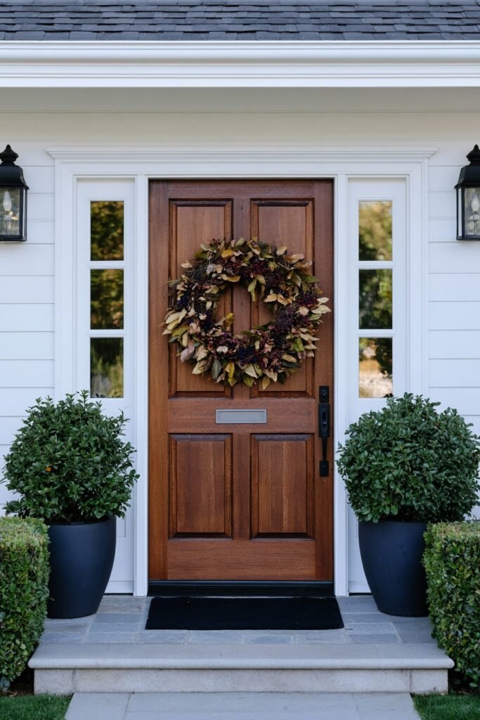 Farmhouse fall porch front door with a natural grapevine wreath and dried leaves