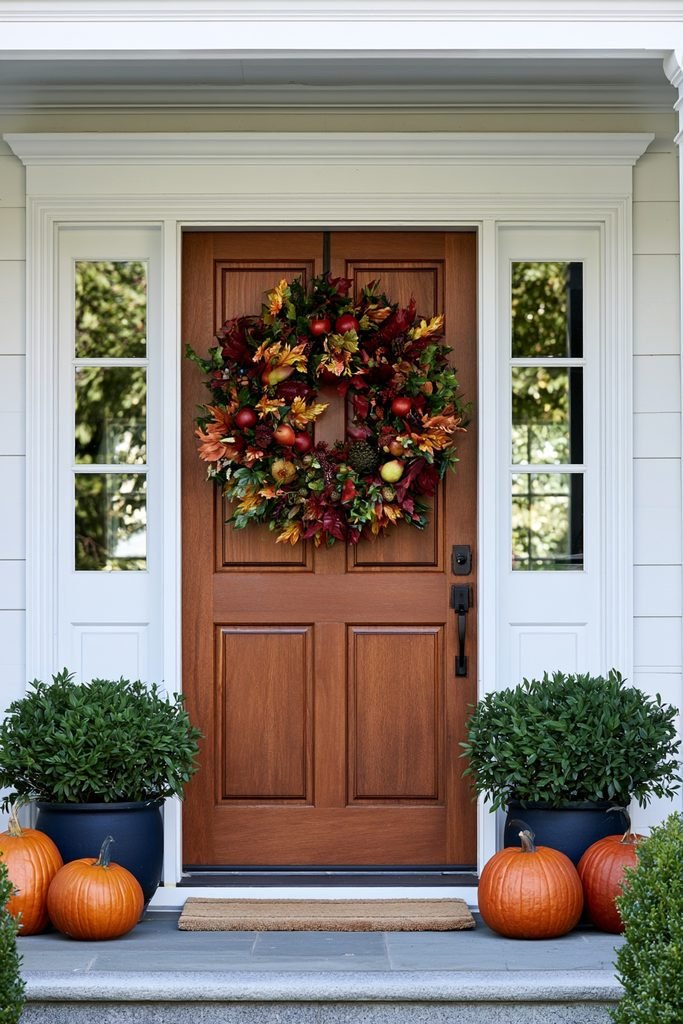 Large harvest wreath on a front door with burgundy mums, dried wheat, and vintage lanterns.