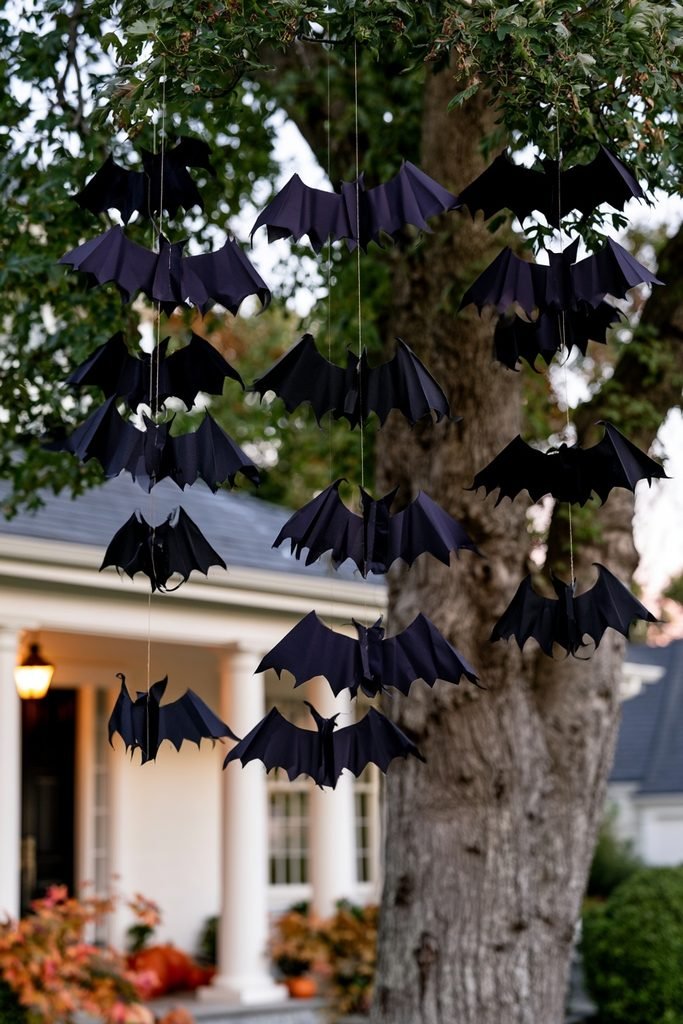 Handmade black bats hanging at different heights from a tree and porch during Halloween.