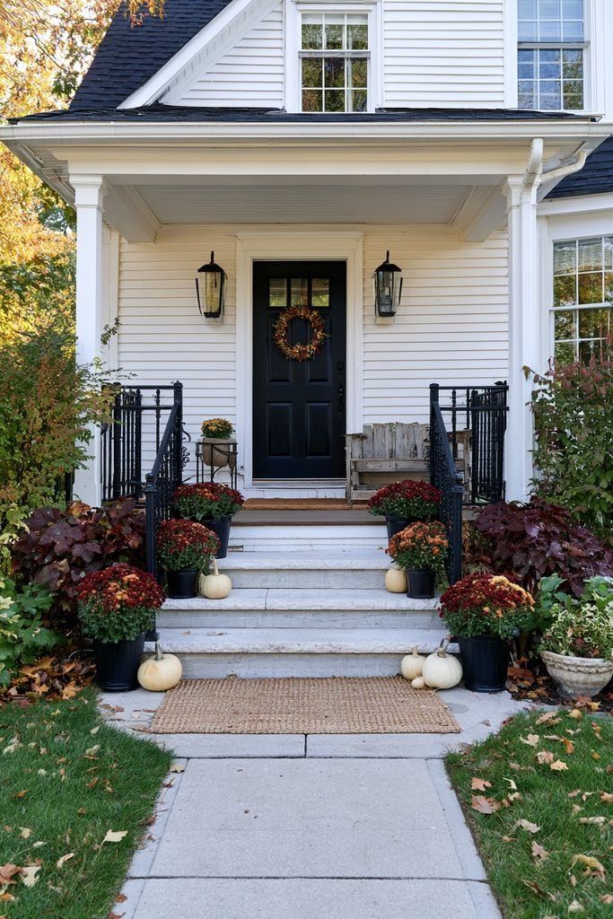 Fall front porch with black door accents, black lanterns, burgundy mums, cream pumpkins, and a woven rug.