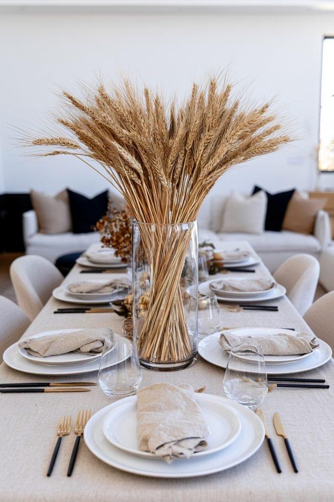 Elegant fall dining table centerpiece with golden wheat stalks arranged in a tall clear glass vase.
