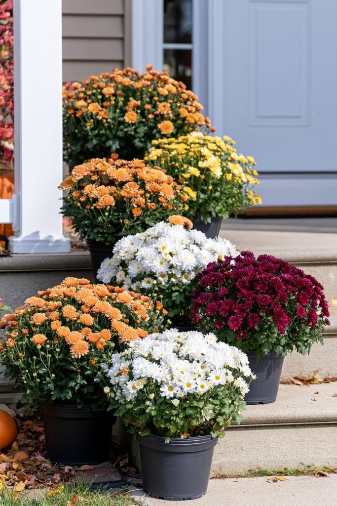 Colorful chrysanthemum mums grouped in nursery pots for an easy no-fuss fall front porch display