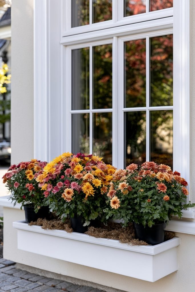 Mums left in nursery pots inside a window box with moss-covered gaps