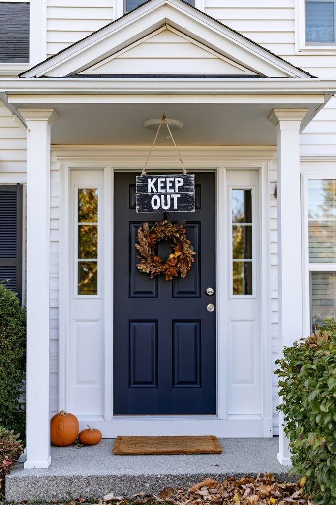 Hand-painted wooden Keep Out Halloween sign hanging on a decorated front door.