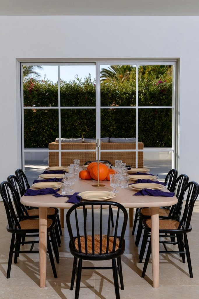 Balanced blue and orange table setting with pumpkins, cream plates, and glassware