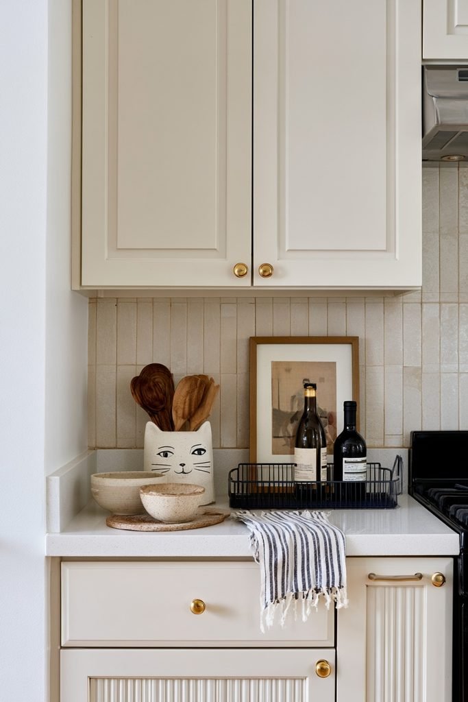 Cat-shaped ceramic utensil crock styled on a modern colorful kitchen counter
