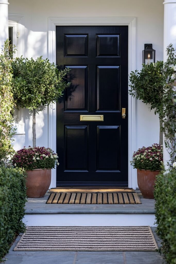 Seasonal fall doormat layered over a neutral striped rug