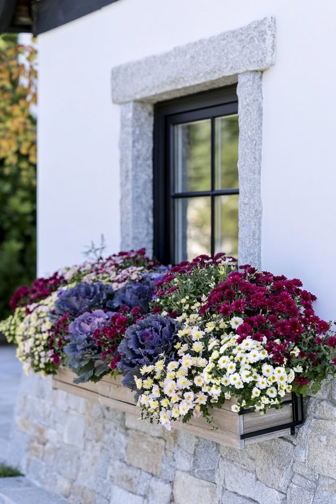 Ornamental cabbage rosettes contrasting mum blooms in a fall window box