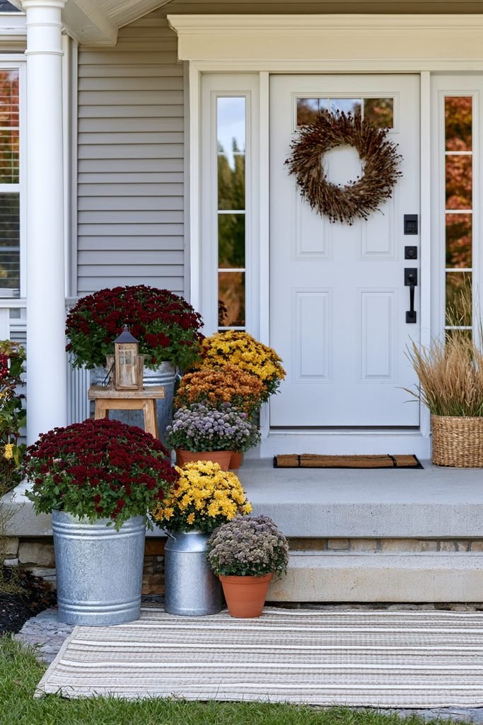 Colorful layers of fall mums in pots and metal pails beside a cozy front porch entrance.