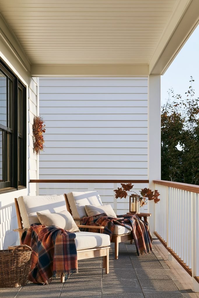Plaid fall blankets draped over comfortable porch chairs with cushions, a lantern, and dried maple branches.