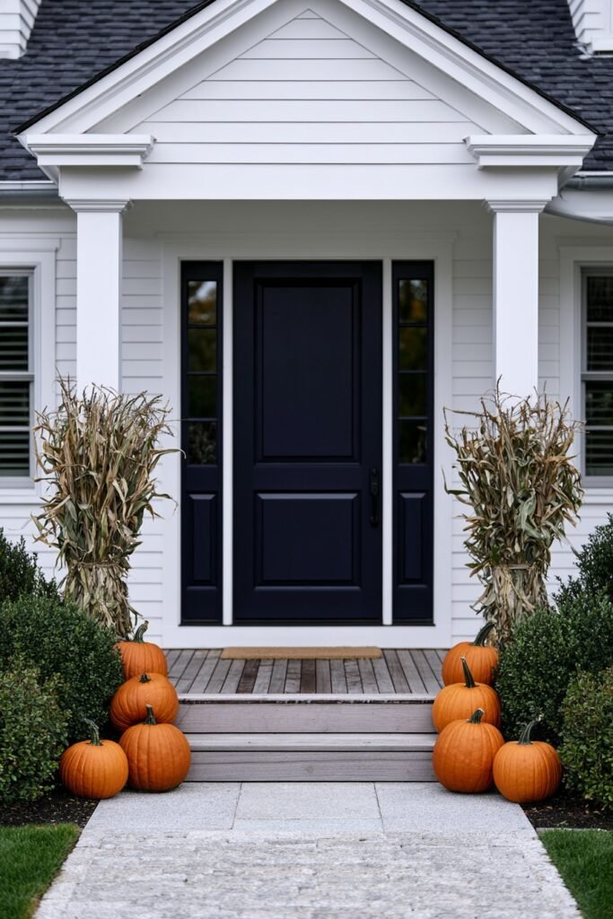Farmhouse fall porch decorated with cornstalks tied around posts and pumpkins layered at the base