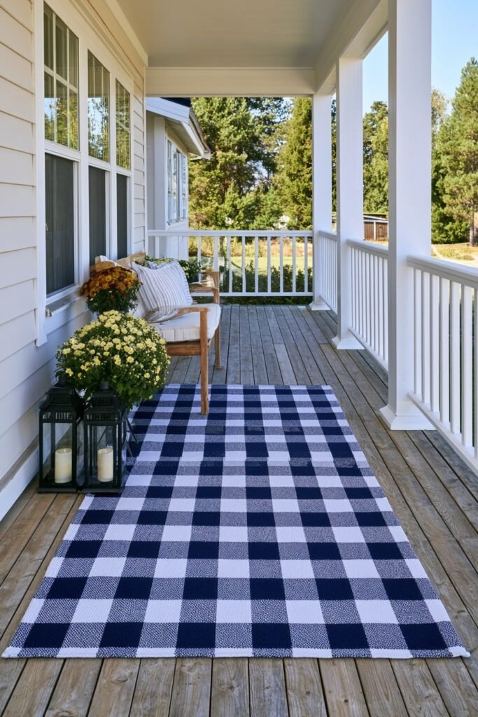 Farmhouse fall porch seating area with a buffalo check rug, mums, and black lanterns