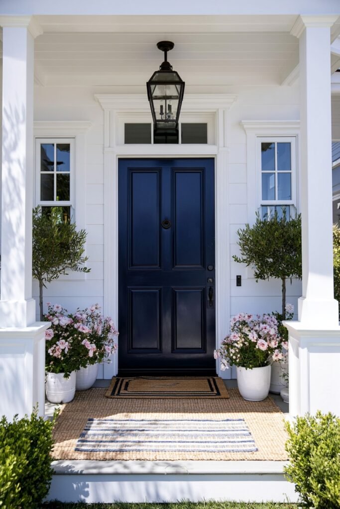 Outdoor rug layered beneath a seasonal doormat