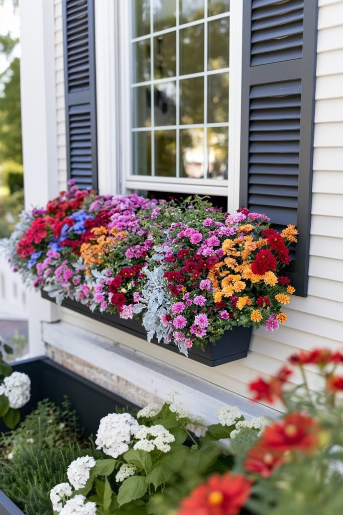 Mixed red, pink, purple, and orange mums with silvery dusty miller in a window box