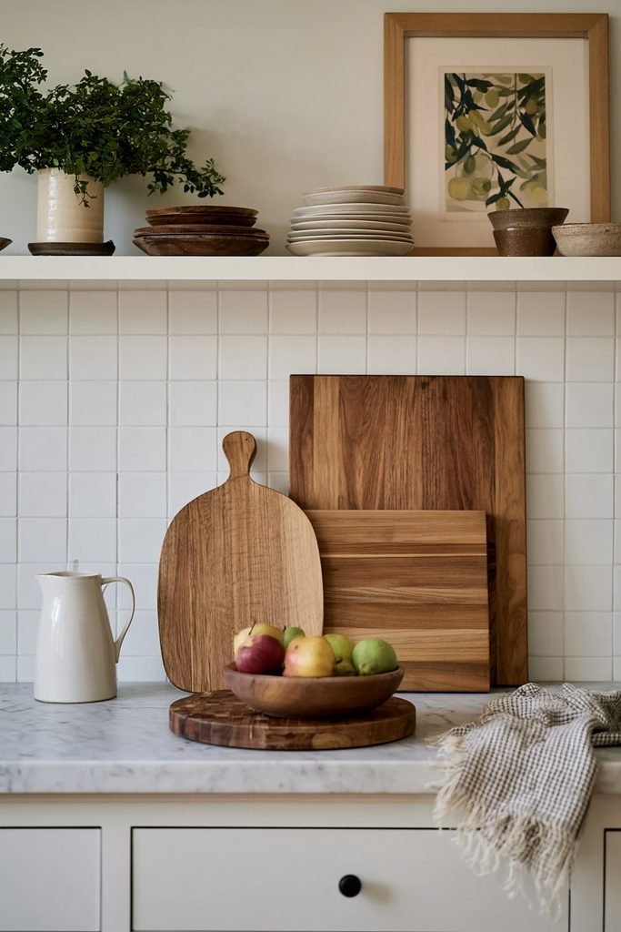 Wooden cutting boards leaned against a modern kitchen backsplash for fall styling