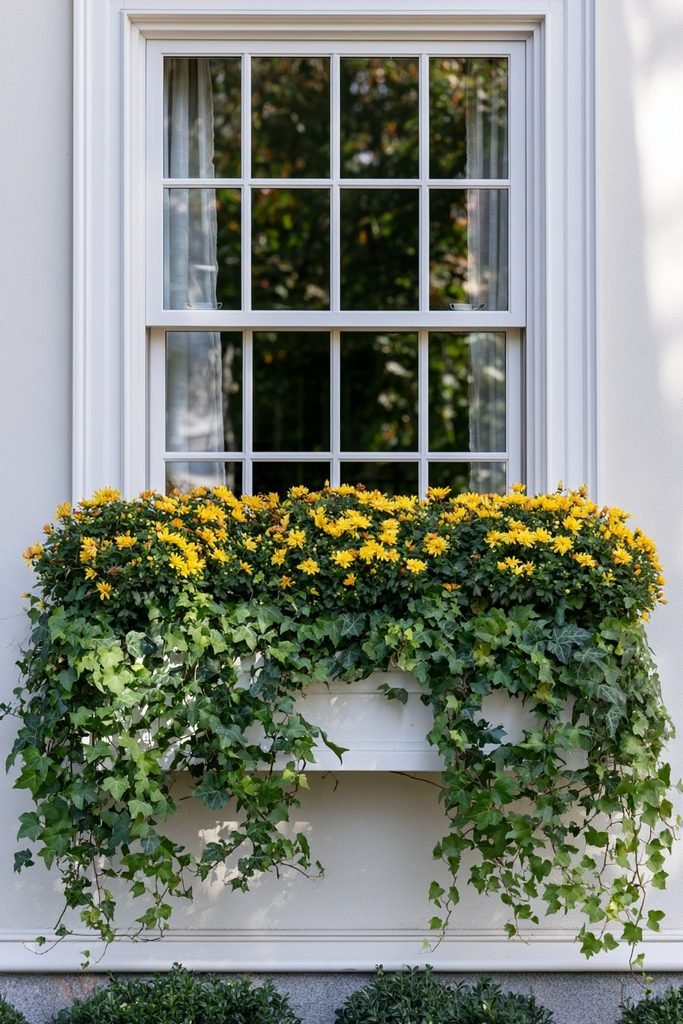 Trailing ivy cascading beneath white and cream mums in a window box