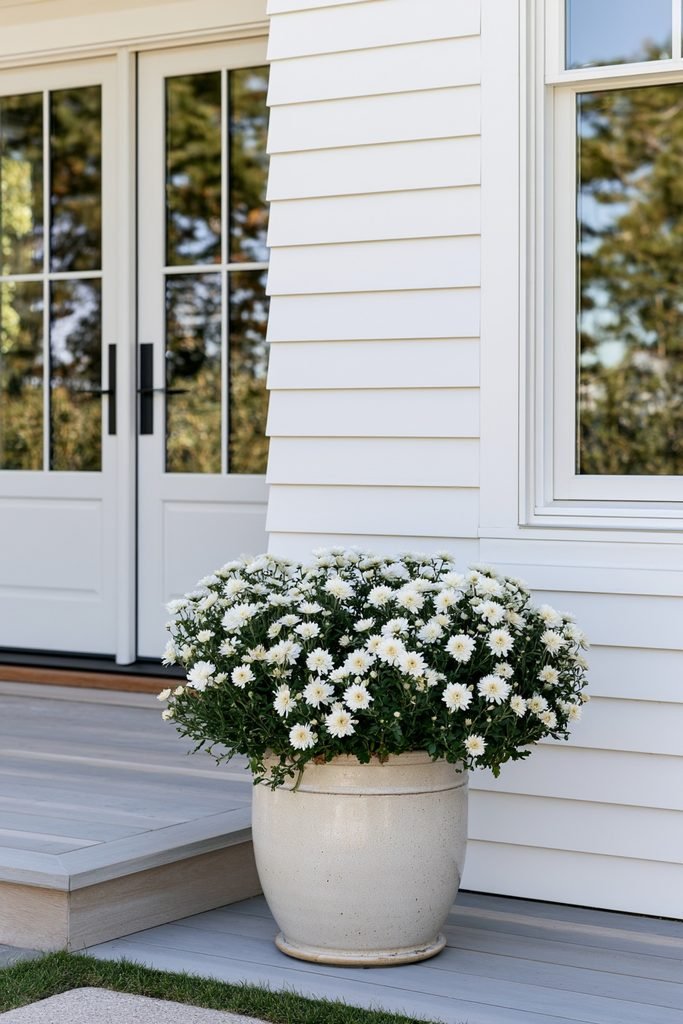White chrysanthemum mums blooming in a large single planter on a cozy fall front porch