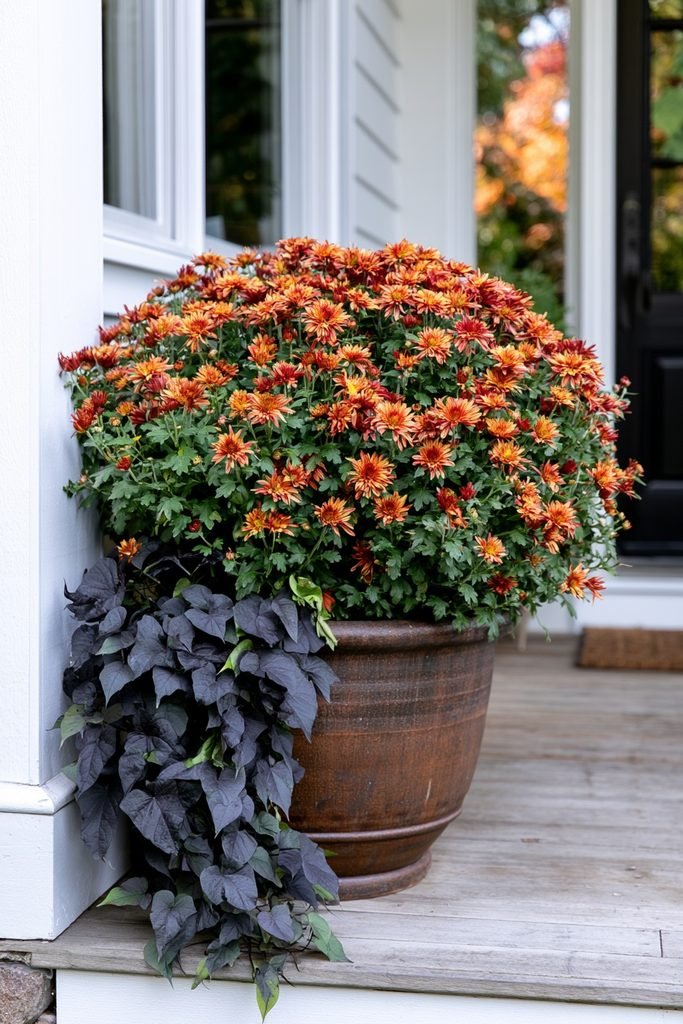 Fall planter with orange chrysanthemums and trailing purple sweet potato vine spilling over the edge