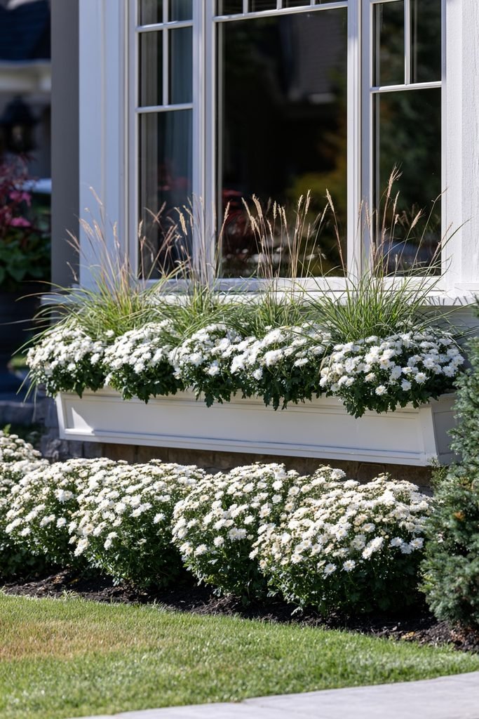 Row of white mums in a window box with layered ornamental grasses behind