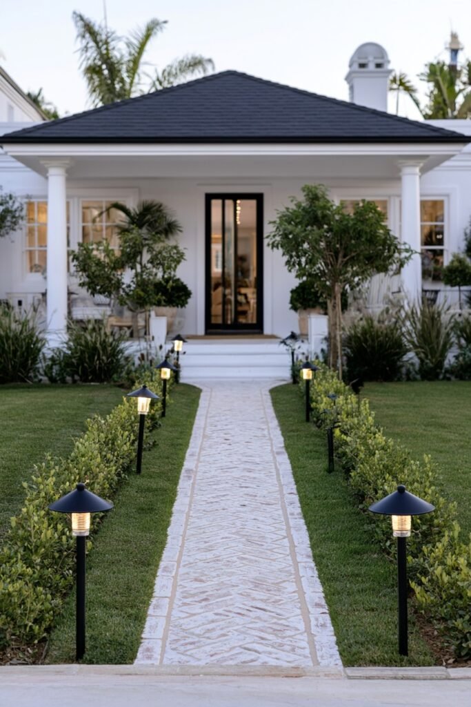 Solar path lights lining a walkway to the front porch
