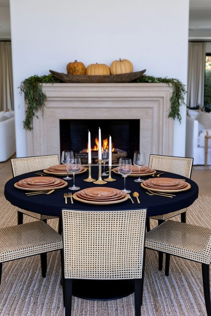 Large rustic dough bowl with pumpkins and cascading greenery displayed as a fall fireplace mantel centerpiece.