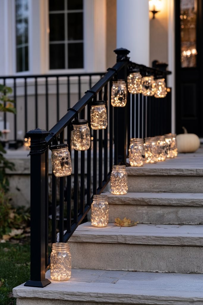 Glowing mason jar ghost lanterns lined along a porch railing for Halloween.