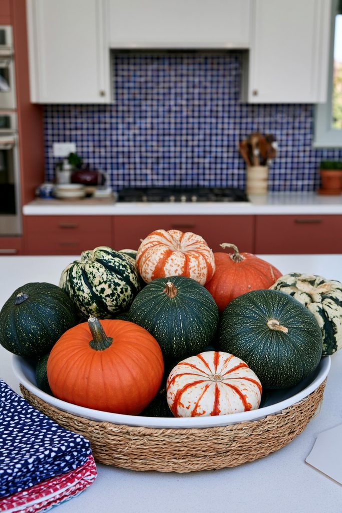 Woven basket of mini gourds and pumpkins styled on a modern colorful kitchen counter