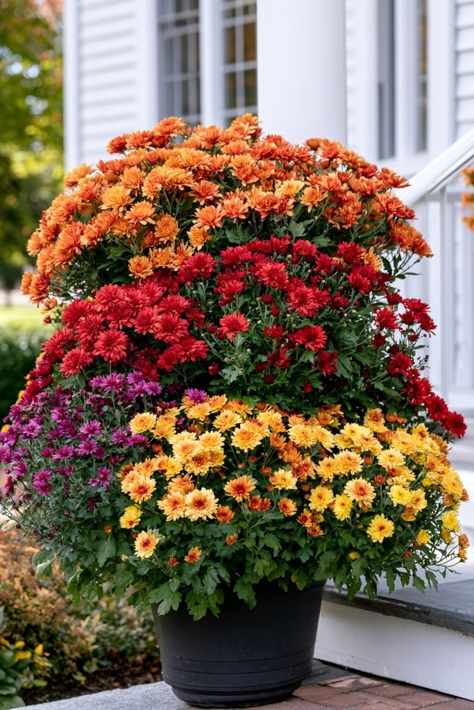 Large fall planter overflowing with bold red, orange, yellow, and purple chrysanthemum mums