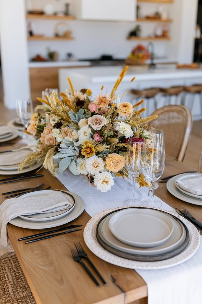 Fall dining table centerpiece featuring a mix of fresh flowers, faux florals, sage greenery and golden autumn stems.