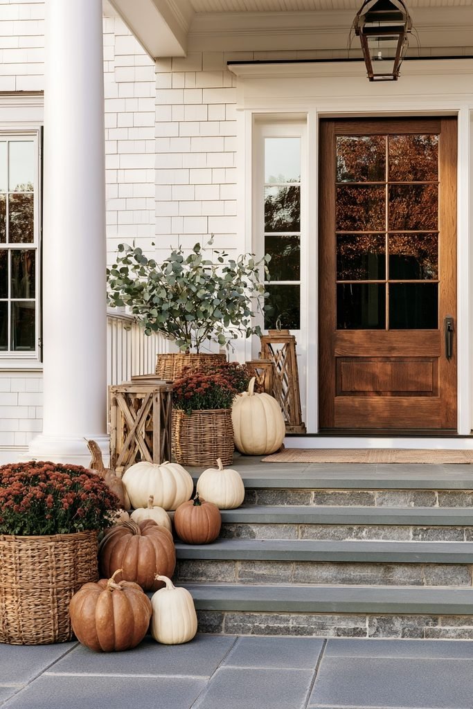 Fresh and faux pumpkins mixed with eucalyptus, wicker baskets, mums, and rustic lanterns.