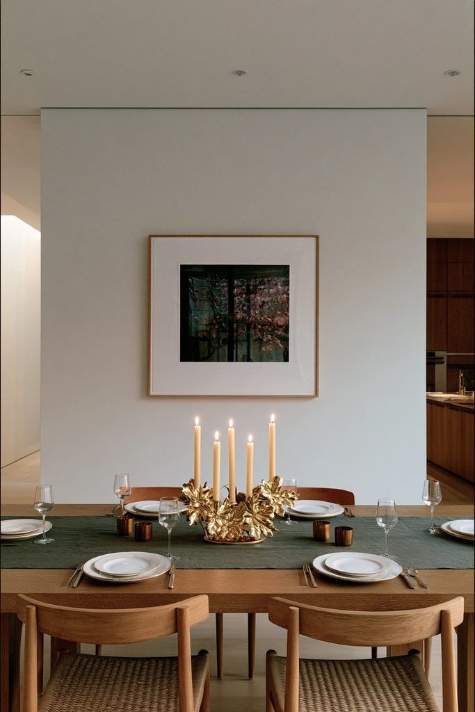 Gold leaf-shaped candle holder with bronze votive accents on a fall table