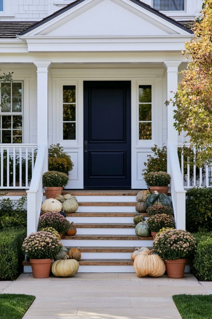 Farmhouse fall porch steps with cream, sage green, and orange heirloom pumpkins around terracotta mums