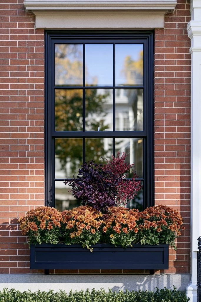 Bittersweet and winterberry stems tucked among mums in a window box