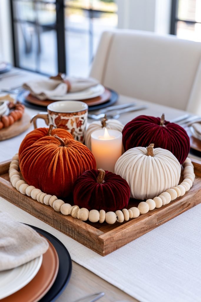 Cozy fall coffee table tray filled with burgundy, moss green, and mustard velvet pumpkins, wood beads, and plaid fabri