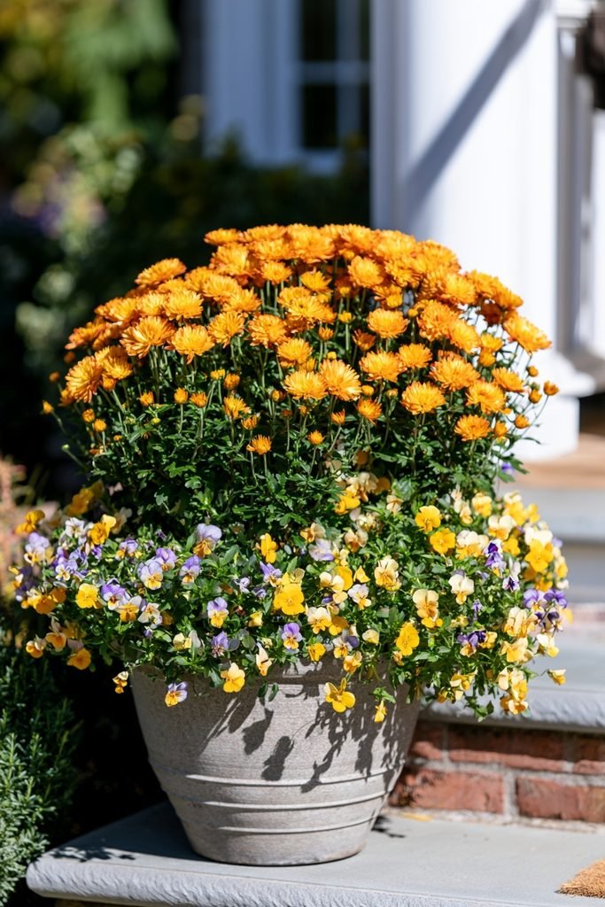 Fall planter filled with colorful chrysanthemums, pansies, and violas on a welcoming front porch