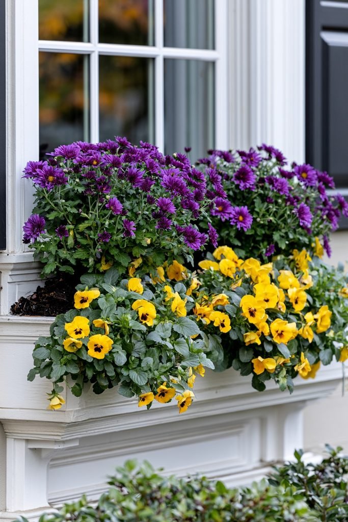 Window box with purple mums and yellow pansies in a two-tone fall display