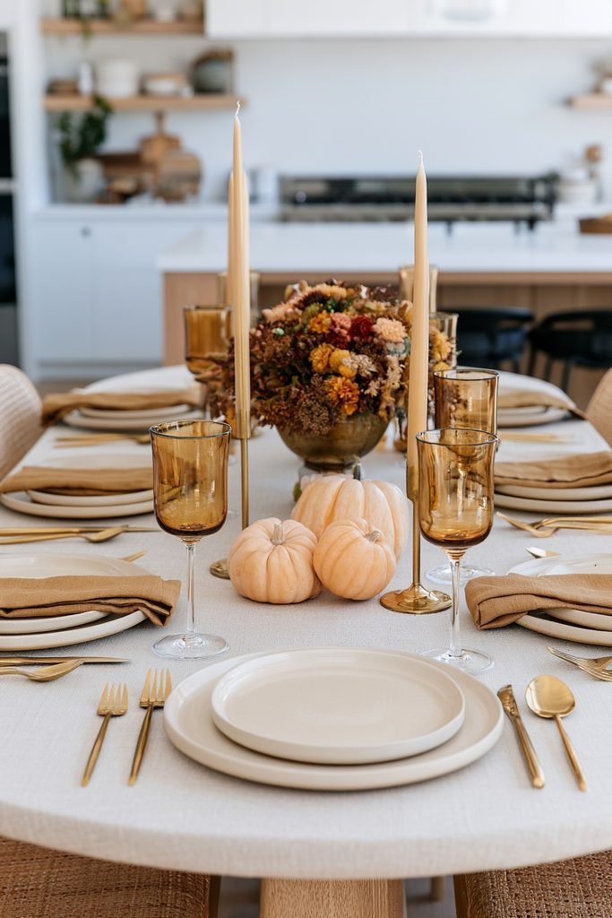 Sophisticated fall tablescape with gold flatware, amber glassware, brass candle holders and soft orange autumn accents.