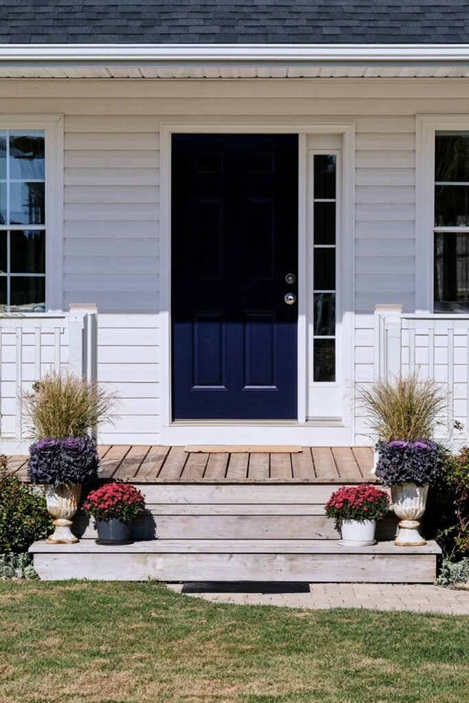 Farmhouse fall porch entry steps with ornamental grasses and purple kale in urns