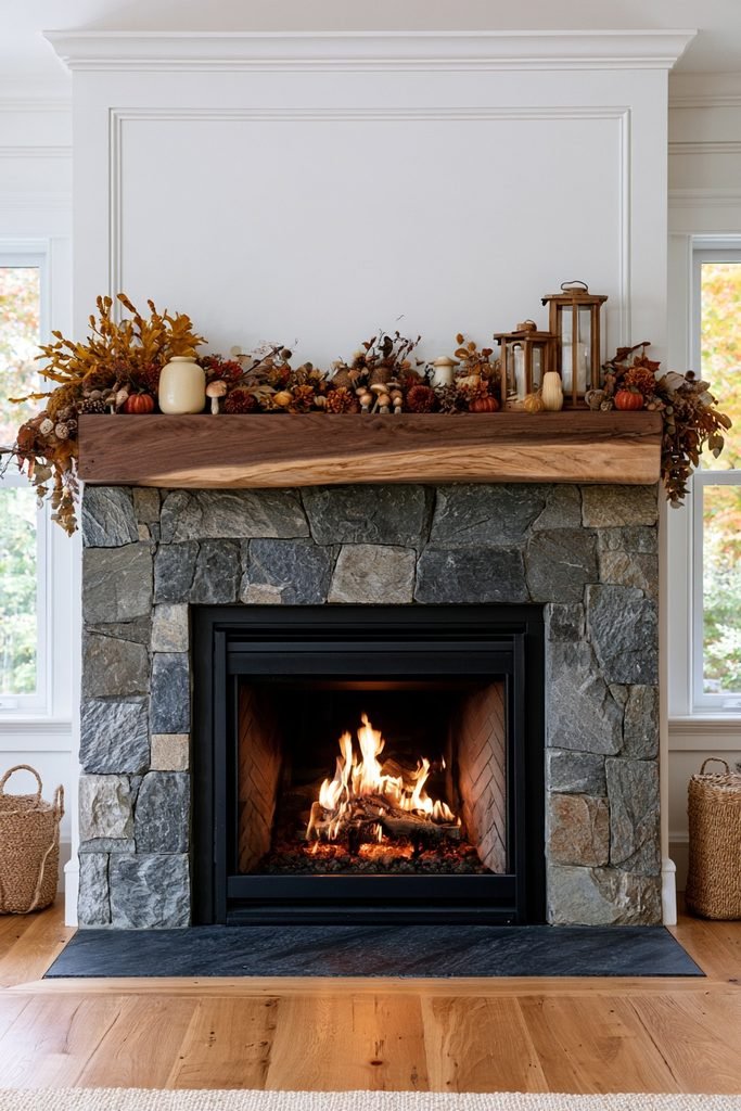 Rustic corner soapstone fireplace decorated with a mixed mushroom, acorn, and faux mum fall garland, rust pumpkins, and wooden lanterns.