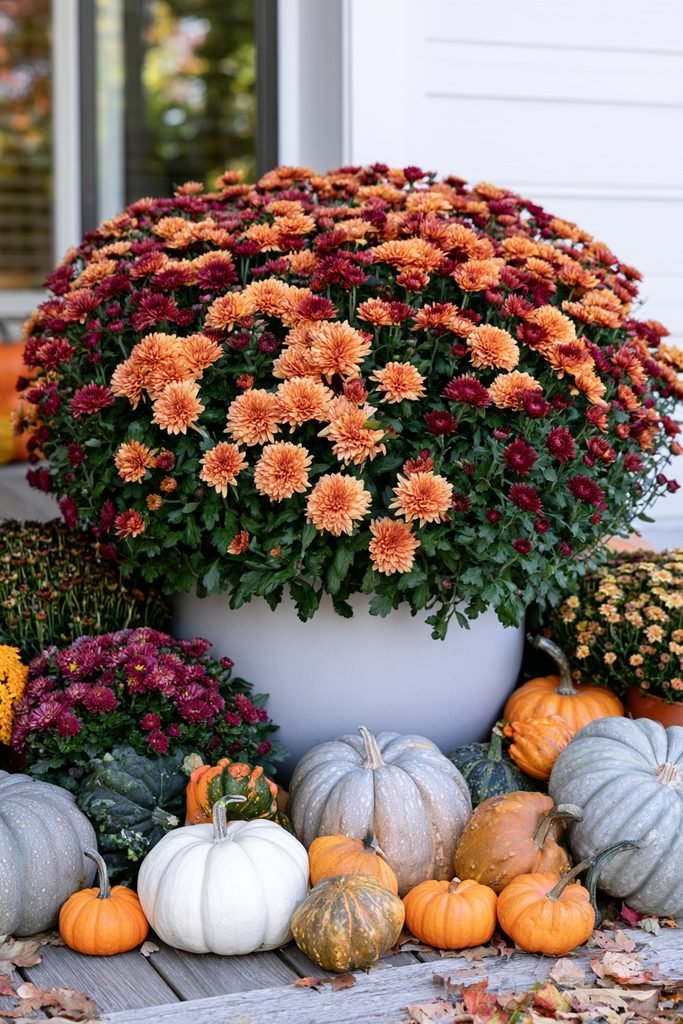 Fall mum planter nestled among mini pumpkins and decorative gourds for a harvest-style porch display