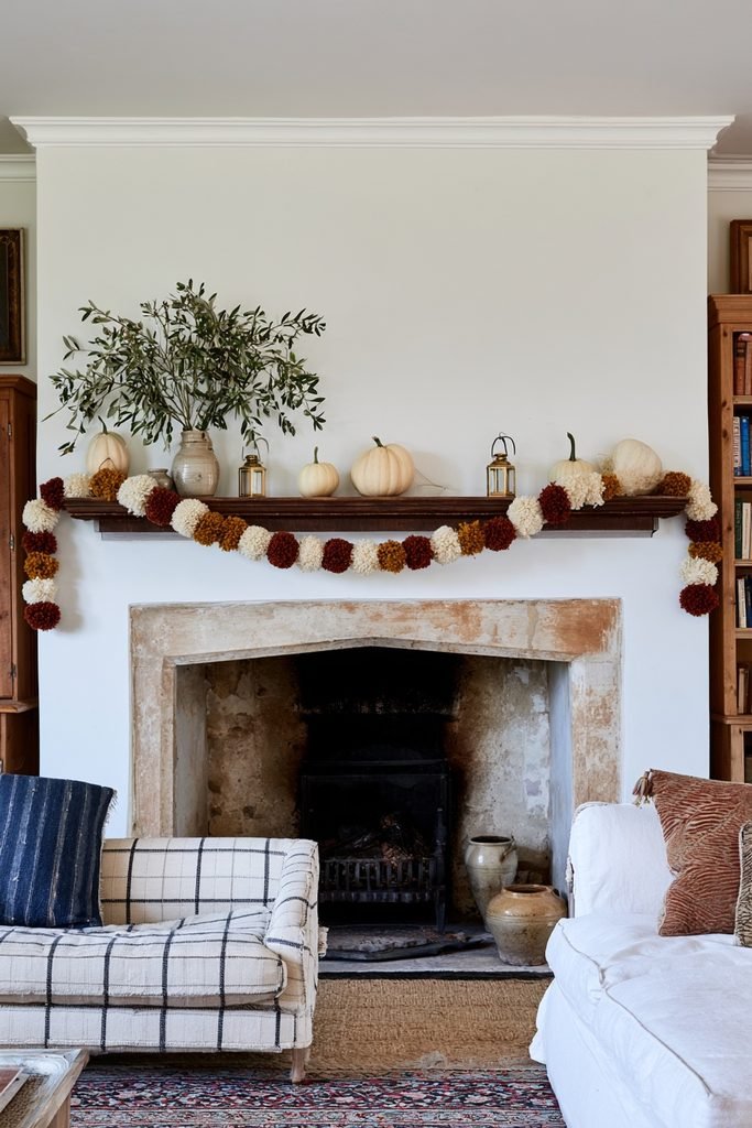 English cottage fireplace decorated with a handmade cream, rust, and mustard pom-pom garland, gourds, olive branches, and pottery.